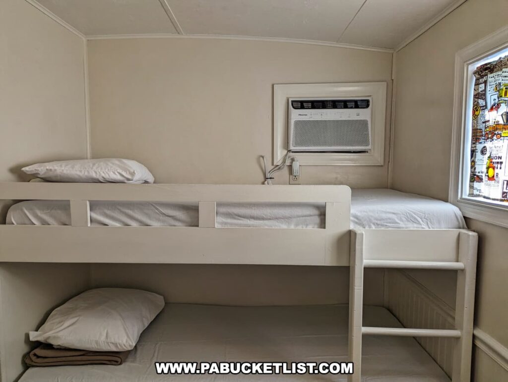 A cozy bunk bed setup inside one of the repurposed caboose motel rooms at the Red Caboose Motel in Lancaster County, PA. The top and bottom bunks are neatly made with white bedding and pillows. An air conditioning unit is installed on the wall next to the top bunk. A small window with colorful stained glass artwork is visible on the right, adding a touch of charm to the room. The walls are painted a soft beige, complementing the simple and functional design of the space.