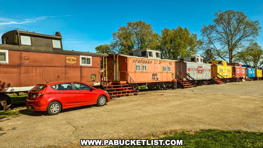 A row of colorful, repurposed cabooses at the Red Caboose Motel in Lancaster County, PA, each painted to honor historic railways. The cabooses include a brown Strasburg Railroad caboose with number 29, an orange Seaboard Coast Line caboose with number 22, a silver Burlington Route caboose, a yellow Union Pacific caboose, and several others in blue and red. A red car is parked beside the brown caboose. The scene is set under a bright blue sky with a few scattered clouds, and tall trees with green foliage provide a scenic backdrop.
