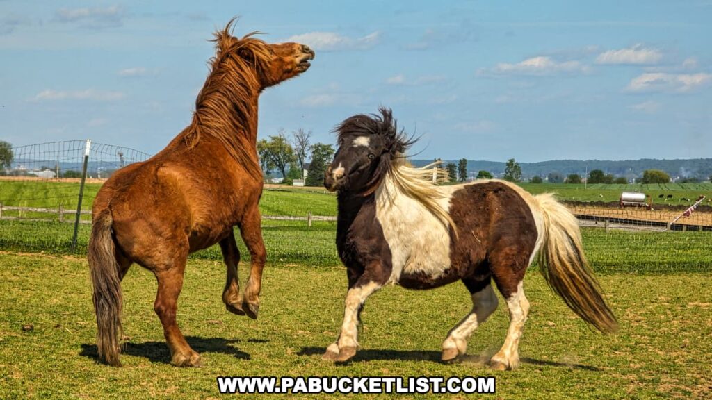 Two horses playfully interacting in a green pasture at the Red Caboose Motel in Lancaster County, PA. The horse on the left is a reddish-brown color and is rearing up on its hind legs, while the horse on the right is a black and white pinto, standing with its mane flowing in the wind. The background features a picturesque rural landscape with fields, fences, and distant trees under a bright blue sky with a few clouds. The scene captures the lively and natural environment of the motel's petting zoo.
