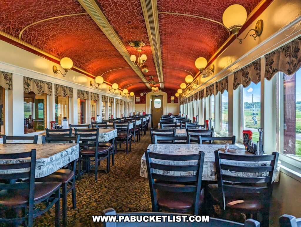 The interior of the Casey Jones Restaurant at the Red Caboose Motel in Lancaster County, PA. The restaurant is housed in a vintage train car, featuring an ornate red ceiling with gold accents and a series of elegant globe light fixtures. The dining area has rows of tables covered with newspaper-patterned tablecloths and surrounded by black chairs. Large windows along one side of the car provide scenic views of the surrounding landscape, adding to the unique dining experience. The decor blends historical charm with a cozy, inviting atmosphere.