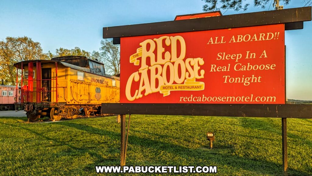 A large red sign for the Red Caboose Motel & Restaurant in Lancaster County, PA, with the text "ALL ABOARD!! Sleep In A Real Caboose Tonight" and the website address "redcaboosemotel.com." In the background, a bright yellow Union Pacific caboose, along with other colorful cabooses, is visible. The scene is set during golden hour, with the sunlight casting a warm glow on the sign and the cabooses. The surrounding area features green grass and trees, enhancing the welcoming and unique charm of the motel.