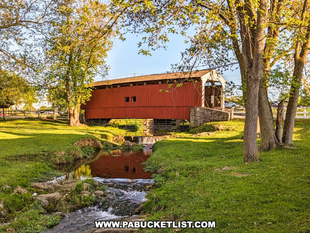 A picturesque photo of a covered bridge in Lancaster County, PA, near the Red Caboose Motel. The bridge is painted red and spans over a small creek with cascading water. The lush green grass and tall trees on either side of the creek create a serene and idyllic setting. Sunlight filters through the trees, casting dappled shadows on the ground and adding warmth to the scene. The peaceful creek, charming bridge, and vibrant greenery epitomize the tranquil beauty of the Pennsylvania countryside.
