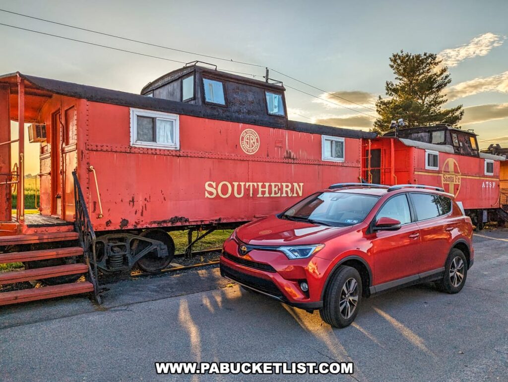A red car parked in front of two repurposed cabooses at the Red Caboose Motel in Lancaster County, PA. The caboose on the left is labeled "SOUTHERN" and is painted a weathered orange, while the caboose on the right is marked with the Santa Fe logo and is also painted orange. Both cabooses have stairs leading up to their entrances, and warm light is emanating from inside the left caboose. The scene is set during sunset, with a beautiful sky featuring a mix of blue and orange hues, and a tree visible in the background.