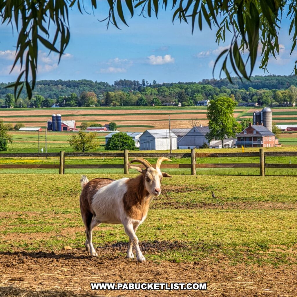 A friendly goat stands in an open pasture at the Red Caboose Motel's petting zoo in Lancaster County, PA. The background features picturesque farmland with fields, barns, silos, and a mix of green and brown landscapes. The scene is framed by tree branches at the top, adding to the rural charm. The clear blue sky with a few clouds and the well-maintained surroundings create a serene and inviting atmosphere.