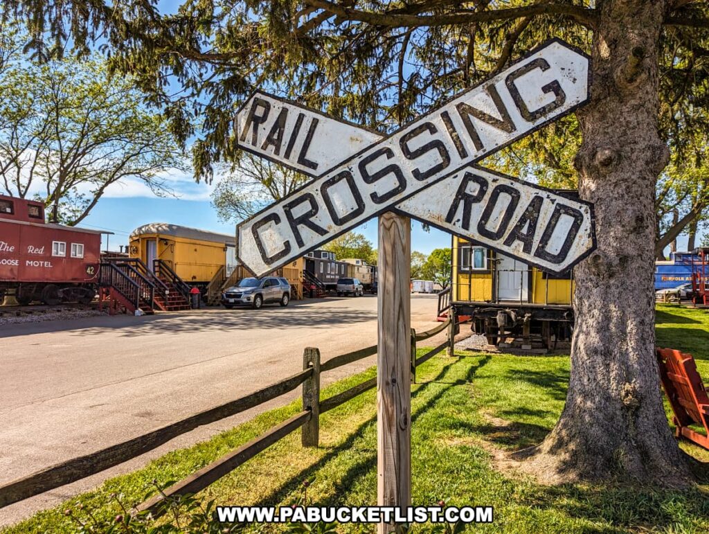 A vintage "Rail Road Crossing" sign stands near a tree at the Red Caboose Motel in Lancaster County, PA. In the background, several repurposed cabooses, including a red one with "The Red Caboose Motel" and number 42, and a yellow caboose, are visible along a paved pathway. Cars are parked near the cabooses, and the area is surrounded by tall trees with lush green leaves. The clear blue sky and well-maintained grounds create a charming and nostalgic atmosphere.