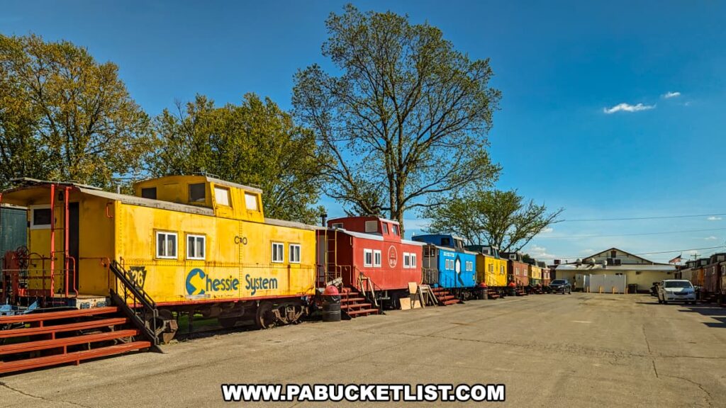 A row of colorful, repurposed cabooses at the Red Caboose Motel in Lancaster County, PA. The cabooses include a bright yellow Chessie System caboose, a red caboose, a blue caboose, and a yellow caboose, each with steps leading to their entrances. The cabooses are set against a backdrop of tall trees with green leaves and a clear blue sky. Cars are parked near the cabooses, and the area is paved, providing a quaint and charming atmosphere that showcases the unique accommodations of the motel.