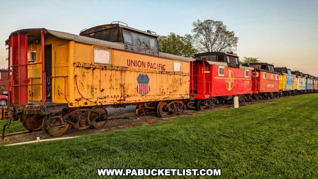 A row of colorful, repurposed cabooses at the Red Caboose Motel in Lancaster County, PA. The foreground features a yellow Union Pacific caboose and a red Santa Fe caboose, followed by a series of other cabooses painted in vibrant colors including orange, blue, and yellow. The cabooses are lined up on tracks with a green grassy area in front. The sky is clear with a few clouds, and trees with lush foliage are visible in the background, creating a picturesque and charming scene that highlights the unique accommodations of the motel.