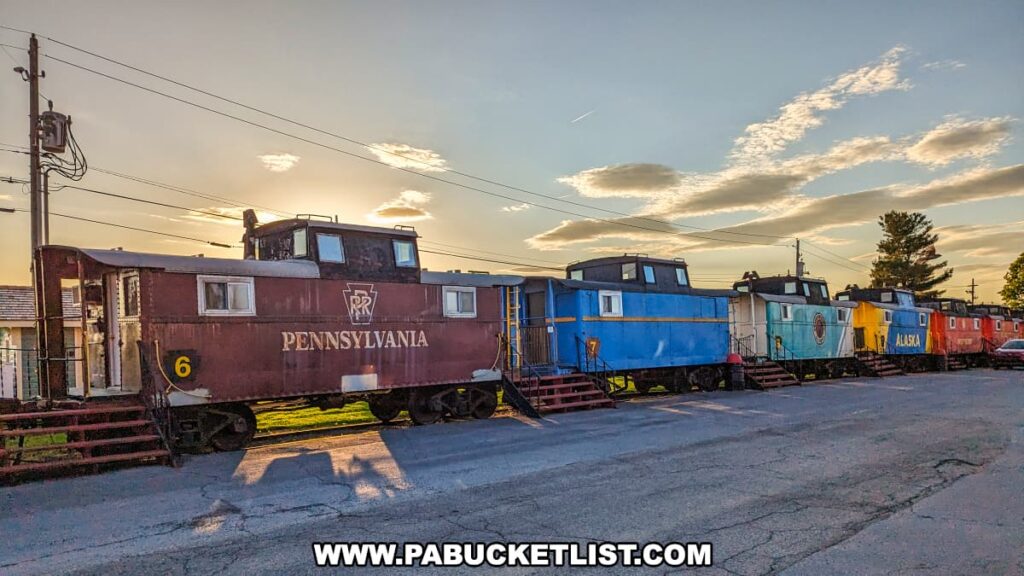 A row of colorful, repurposed cabooses at the Red Caboose Motel in Lancaster County, PA, captured during sunrise. The cabooses include a maroon Pennsylvania caboose, a blue caboose, a teal caboose, a yellow and blue Alaska caboose, and several others, each with steps leading to their entrances. The rising sun casts a warm glow, creating long shadows and highlighting the vibrant colors of the cabooses. The sky features a mix of soft clouds and clear blue, enhancing the serene and picturesque atmosphere of the scene.