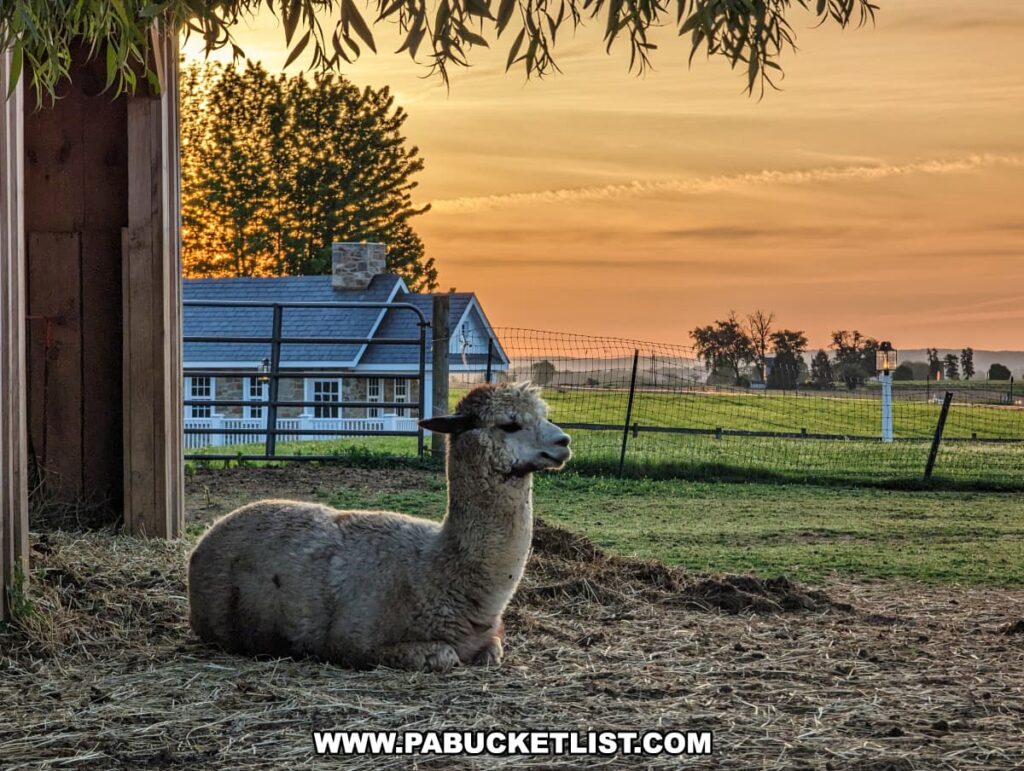 An alpaca rests on the ground inside a wooden shelter at the petting zoo of the Red Caboose Motel in Lancaster County, PA, during sunrise. The sky is painted with warm hues of orange and pink, creating a serene and picturesque backdrop. In the background, a building with a blue roof and white trim is visible, surrounded by green pastures and a fence. The scene is framed by tree branches, adding to the tranquil and rural charm of the setting.