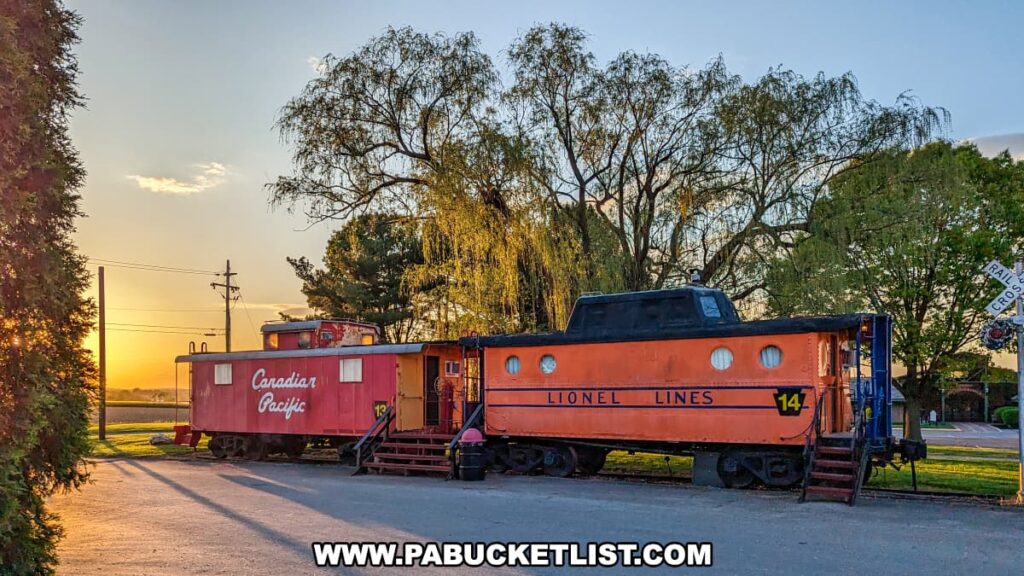 Two repurposed cabooses at the Red Caboose Motel in Lancaster County, PA, during sunset. The caboose on the left is painted red with "Canadian Pacific" written on the side, while the caboose on the right is orange with "LIONEL LINES" and the number 14. Both cabooses have steps leading to their entrances. The setting sun casts a warm glow, creating long shadows and illuminating the vibrant colors of the cabooses. The background features large trees with lush green foliage and a vintage railroad crossing sign, enhancing the nostalgic and picturesque atmosphere of the scene.