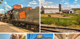 A collage of 5 photos showing scenes from the Strasburg Railroad in Lancaster County, PA.