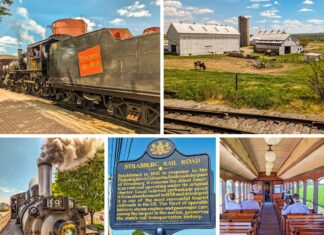 A collage of 5 photos showing scenes from the Strasburg Railroad in Lancaster County, PA.