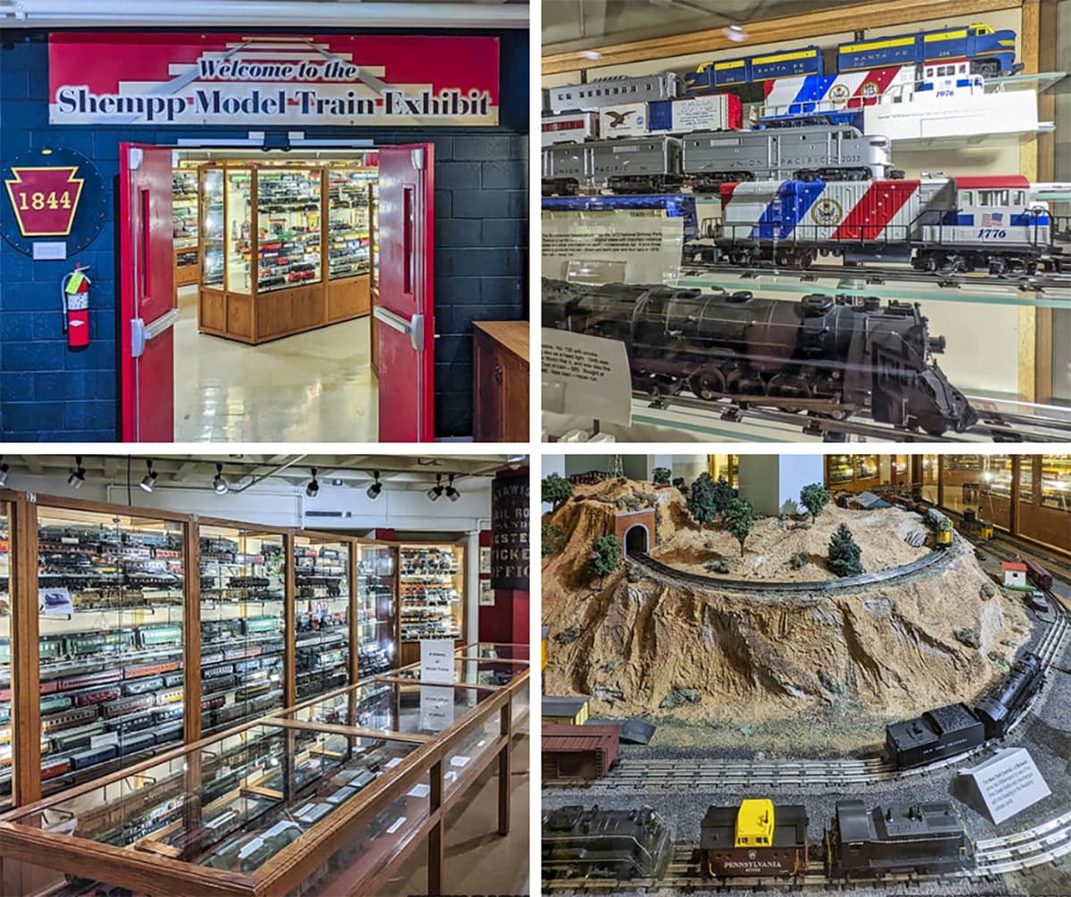 A collage of 4 photos taken at the Shemp Model TRain Exhibit in Williamsport PA.