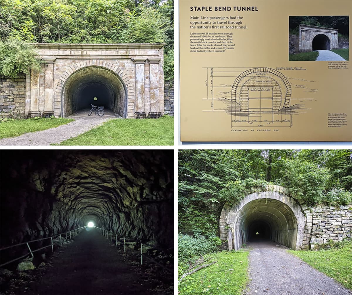 A collage of 4 photos taken at the Staple Bend Tunnel in Cambria County PA.