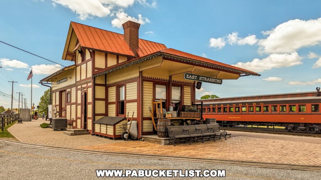 An old-fashioned train station with a red brick exterior and a green roof. The Strasburg Railroad sign is mounted above the entrance. A passenger train with a red locomotive and green and yellow carriages pulls away from the platform. There are trees and greenery in the background.