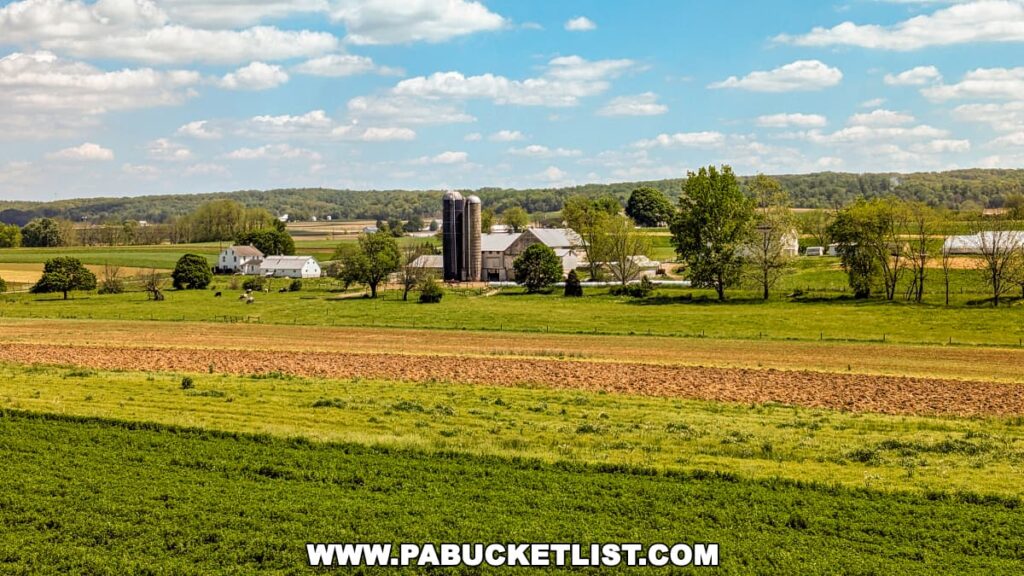 Expansive view of a farm landscape in Paradise, PA, seen from the Strasburg Railroad. The scene features green fields in the foreground, transitioning to plowed earth, and then to a complex of white farm buildings with two silos. The farm is nestled in a broad expanse of cultivated and pasture land, punctuated by patches of trees, under a partly cloudy sky, illustrating the quintessential rural beauty of Lancaster County.