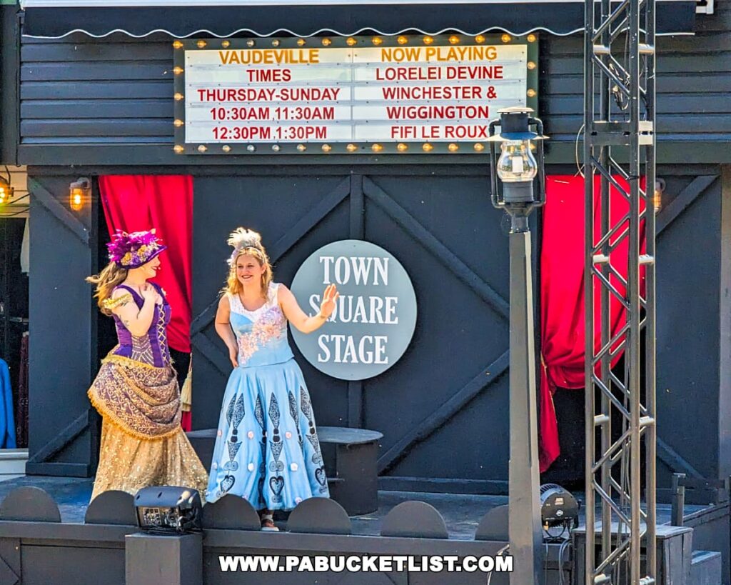 Two performers on the Town Square Stage at Strasburg Railroad in Lancaster, PA, engaging in a vaudeville show. The woman on the left, dressed in a golden, floral outfit with a matching hat, is conversing animatedly with the woman on the right, who is wearing a light blue, patterned dress. Behind them, a marquee lists show times and current performers. The stage setup, complete with theatrical lighting and a black backdrop, adds to the lively outdoor performance atmosphere.
