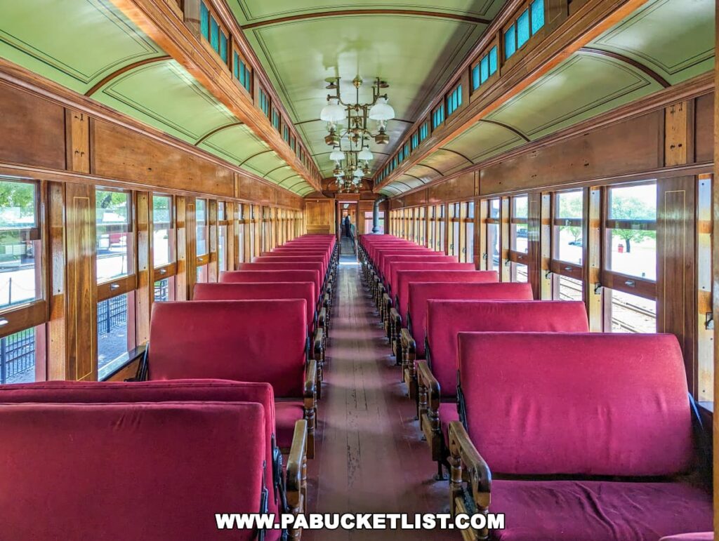 Interior view of a vintage passenger car at Strasburg Railroad, featuring rows of plush red seats aligned along a narrow aisle. The car's interior boasts classic wooden paneling, large windows, and ornate ceiling details in green, enhancing the historical ambiance. The bright, airy cabin is illuminated by natural light, providing a comfortable and nostalgic setting for passengers as they travel through the scenic landscapes of Lancaster, PA.