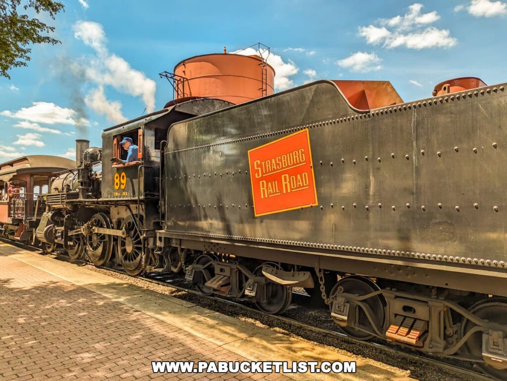 A side view of the historic steam locomotive number 89 at Strasburg Railroad, with the engineer visible in the cab. This black locomotive features detailed riveting and is marked with the Strasburg Rail Road logo on its tender. A large orange logo plate adds a vivid touch to the scene. The train is positioned at the station, under a blue sky with puffy clouds, next to architectural elements like a water tower, enhancing the heritage railroad atmosphere.