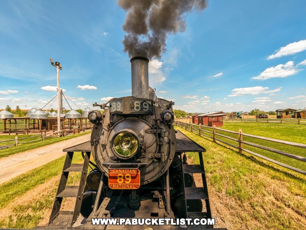 Frontal view of Canadian National locomotive number 89 at Strasburg Railroad, emitting a stream of smoke against a clear blue sky. Positioned on the tracks in a rural setting, the vintage black steam engine features a prominent headlamp and Canadian flag detail. The background showcases a pastoral landscape with wooden farm structures and recreational areas, highlighting the charming and historic atmosphere of Lancaster County, PA.