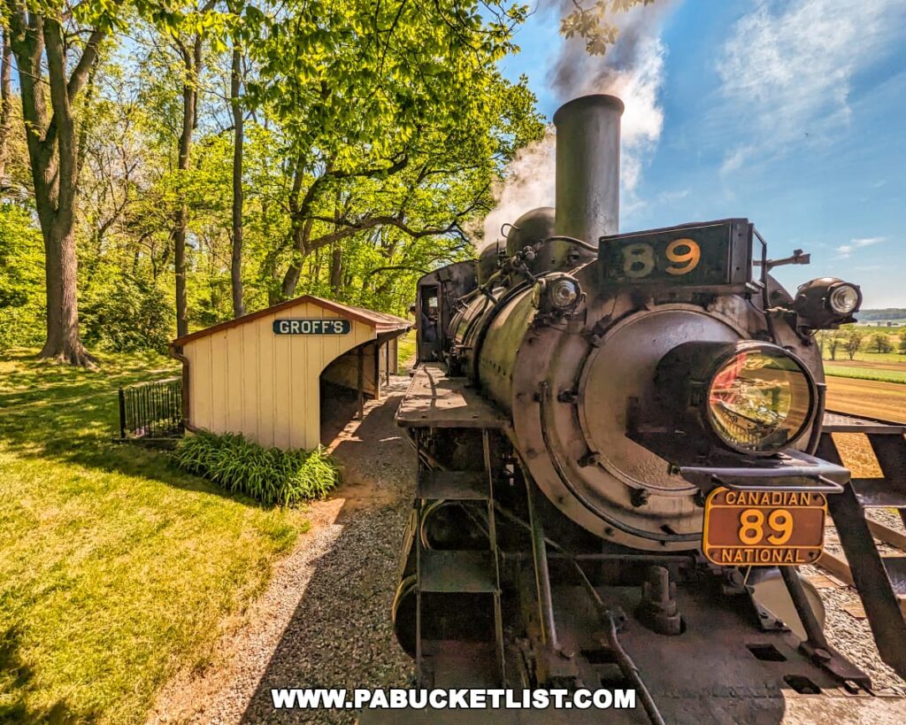 Close-up view of Canadian National locomotive number 89 at Strasburg Railroad, positioned next to "Groff's" station sign surrounded by lush greenery. The black steam engine emits a cloud of white steam against a backdrop of mature trees and a clear blue sky, emphasizing its vintage charm and operational status. The reflection in the headlamp and the detailed engine components provide a dynamic perspective of this historic train in motion within the scenic Lancaster, PA countryside.