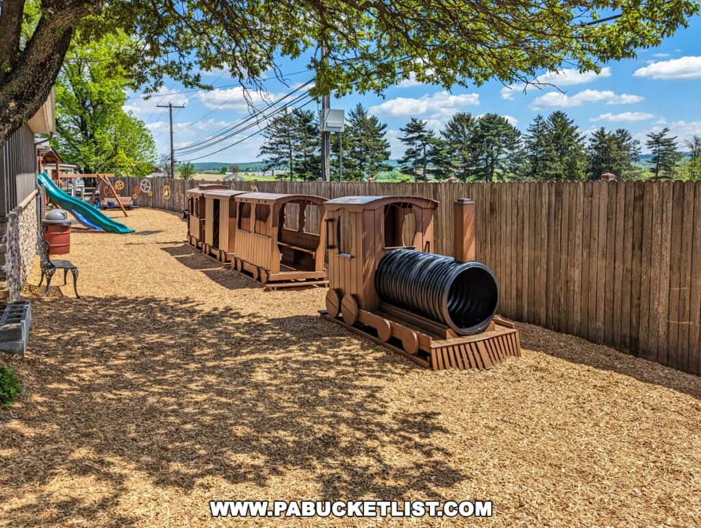 A children's playground designed to resemble a rustic train yard at Strasburg Railroad in Lancaster, PA. The area features several wooden train-themed structures, including a cabin and tunnels, set on a bed of wood chips. The playground is shaded by trees and enclosed by a wooden fence, creating a safe and engaging environment for children to play in. In the background, the landscape stretches out to a scenic view of rolling hills and lush trees under a clear blue sky.