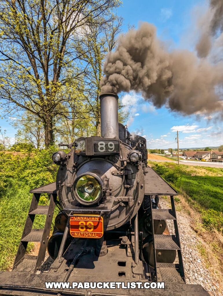 Dynamic front view of Canadian National locomotive number 89 releasing a thick plume of black smoke into the sky at Strasburg Railroad in Lancaster, PA. This close-up captures the powerful engine from the perspective of standing directly on its cowcatcher, looking forward along the tracks. The detailed features of the locomotive, including its headlamp and bell, are prominently displayed against a backdrop of leafy trees and a clear blue sky, emphasizing the energy and historical significance of this vintage steam train.