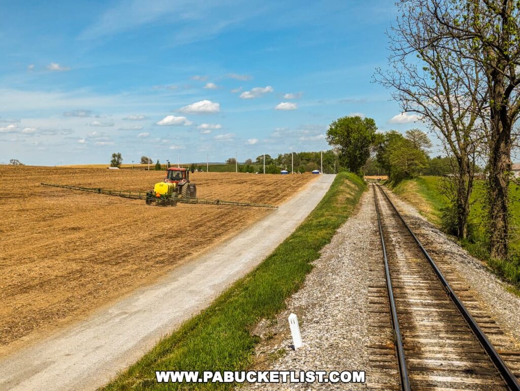 A vibrant rural scene near Strasburg Railroad in Lancaster County, PA, showcasing a tractor spraying a freshly tilled field beside a set of railroad tracks that stretch into the distance. The tractor is equipped with a large sprayer, actively working the rich, brown soil under a clear blue sky. The scene is framed by lush greenery and a gravel road parallel to the tracks, highlighting the agricultural landscape typical of the area.