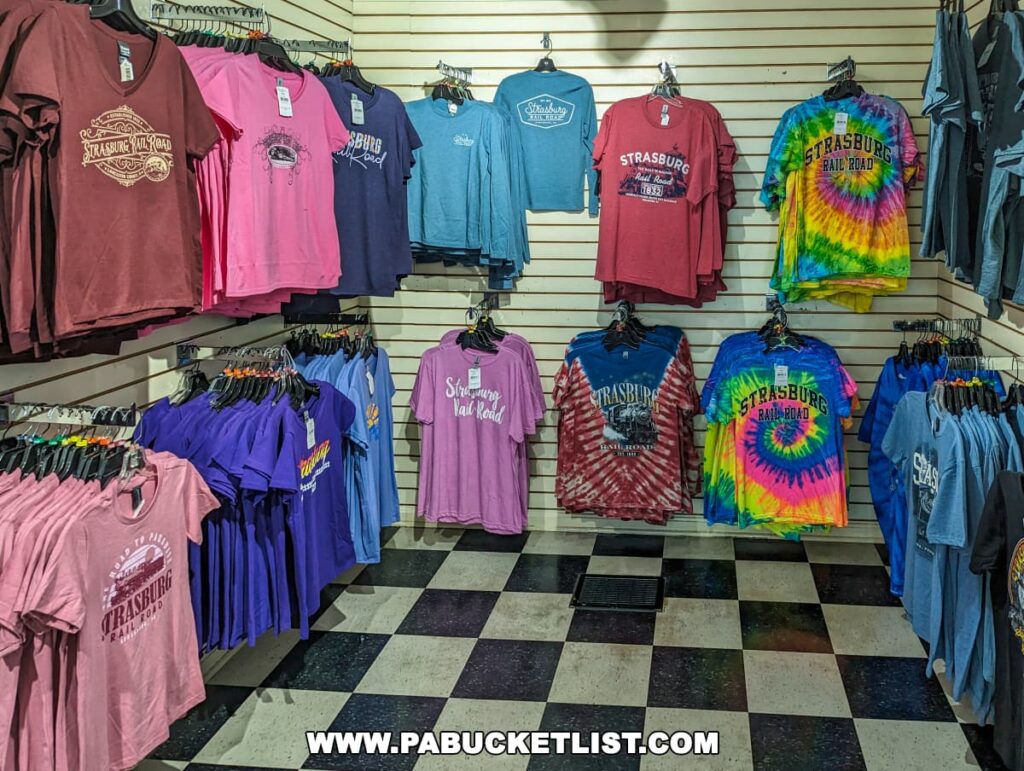 Interior view of a gift shop at Strasburg Railroad in Lancaster, PA, displaying a colorful array of t-shirts. The t-shirts come in various designs, including solid colors, tie-dye patterns, and different logos related to the Strasburg Railroad. The shirts are organized neatly on hangers across several racks, set against a backdrop of a black and white checkered floor, creating a vibrant and inviting shopping area for visitors.
