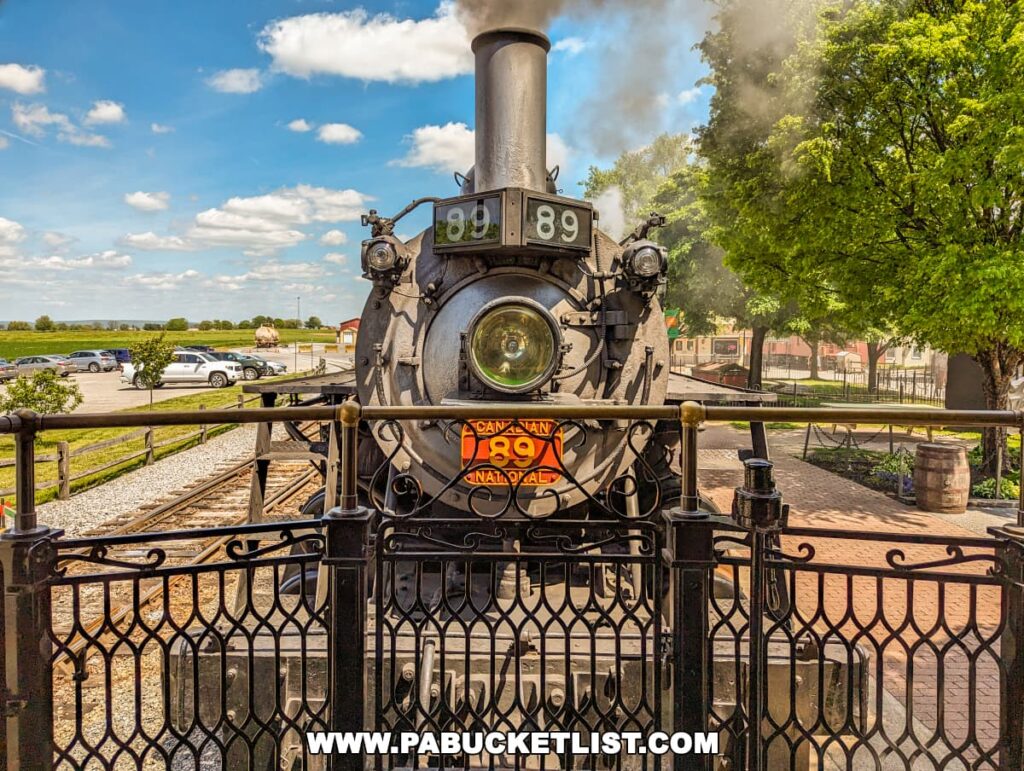 View from behind an ornate metal railing on an observation car at Strasburg Railroad in Lancaster, PA, focusing on the front of a steam locomotive numbered 89. The locomotive, actively releasing steam, features a prominent headlamp and Canadian flags, reflecting its heritage. The scene captures clear skies and a well-maintained station area with trees and parked cars in the background, showcasing a vibrant rural setting.