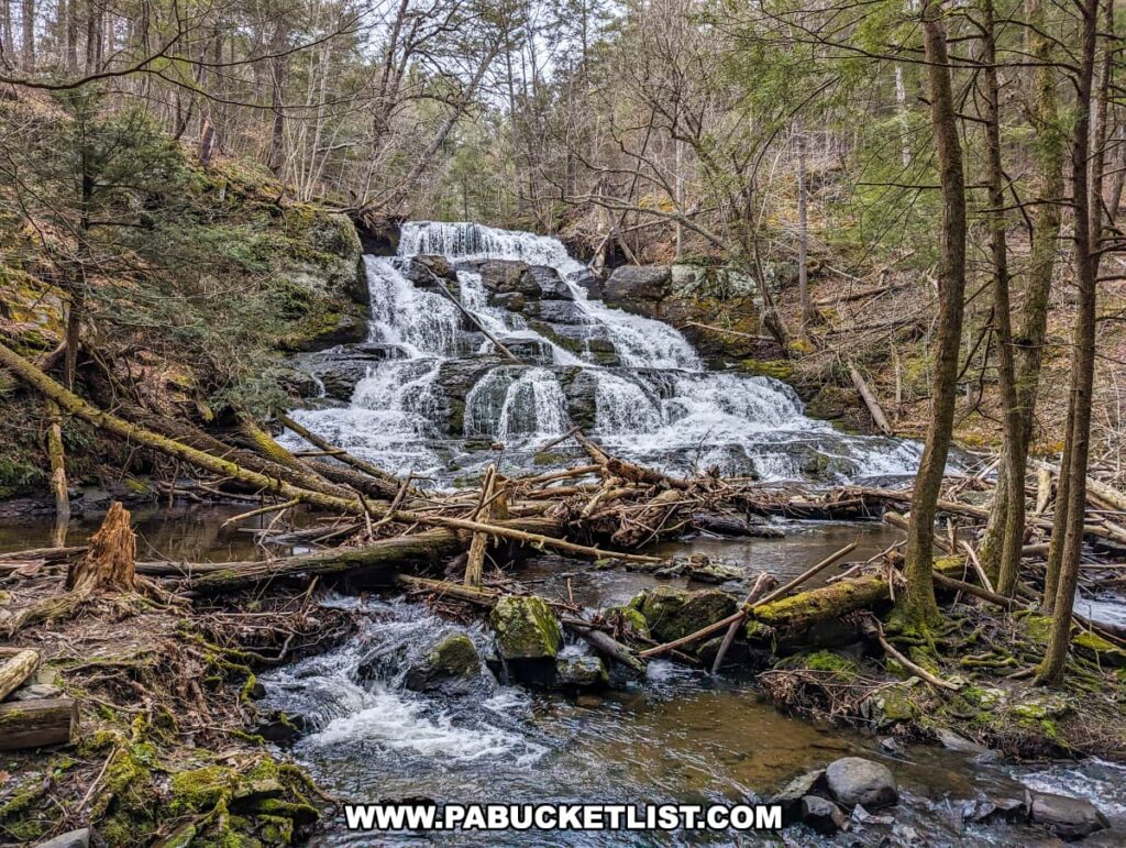 A stunning view of Upper Indian Ladders Falls in Pike County, Pennsylvania, showcasing water cascading down a series of rocky steps. The waterfall is surrounded by a lush forest with a mix of evergreen and deciduous trees. Fallen branches and logs are scattered at the base of the falls, contributing to the natural and rugged beauty of the scene. The serene and picturesque ambiance of the waterfall along Upper Hornbecks Creek is beautifully captured in this image.