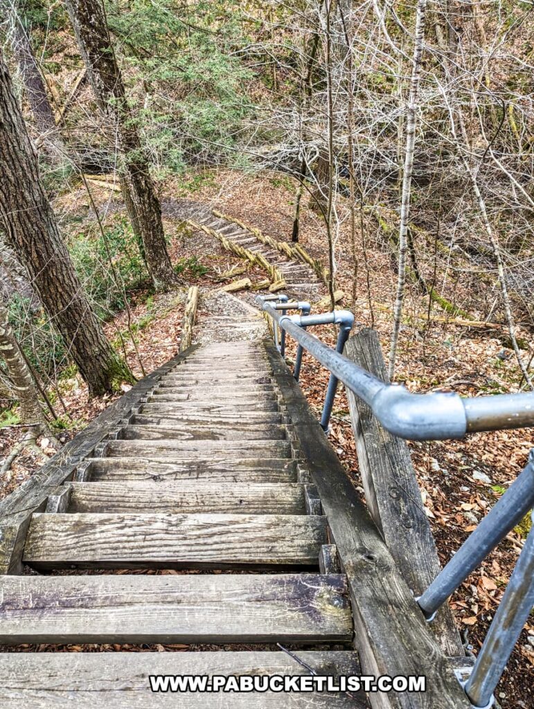 A view of a steep wooden staircase leading down to Upper Indian Ladders Falls in Pike County, Pennsylvania. The stairs are lined with metal railings for support, and the pathway is surrounded by dense forest with a mix of green foliage and bare branches. The image captures the rugged and natural terrain, emphasizing the adventurous approach to reaching the waterfall along Upper Hornbecks Creek.