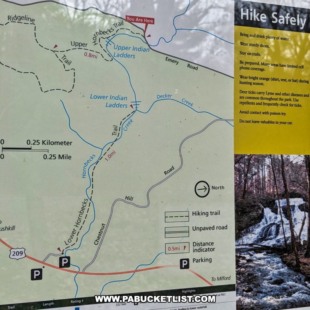 A detailed trail map for Upper Hornbecks Creek in Pike County, Pennsylvania, showing the hiking routes to Upper and Lower Indian Ladders Falls. The map includes marked trails, unpaved roads, distance indicators, and parking areas. A "Hike Safely" section provides important safety tips for hikers, such as staying on trails, wearing sturdy shoes, and checking for ticks. The surrounding forest and creeks are depicted, highlighting the natural beauty and recreational opportunities of the area. The map also features a photo of one of the waterfalls, enhancing the visual guide for visitors.