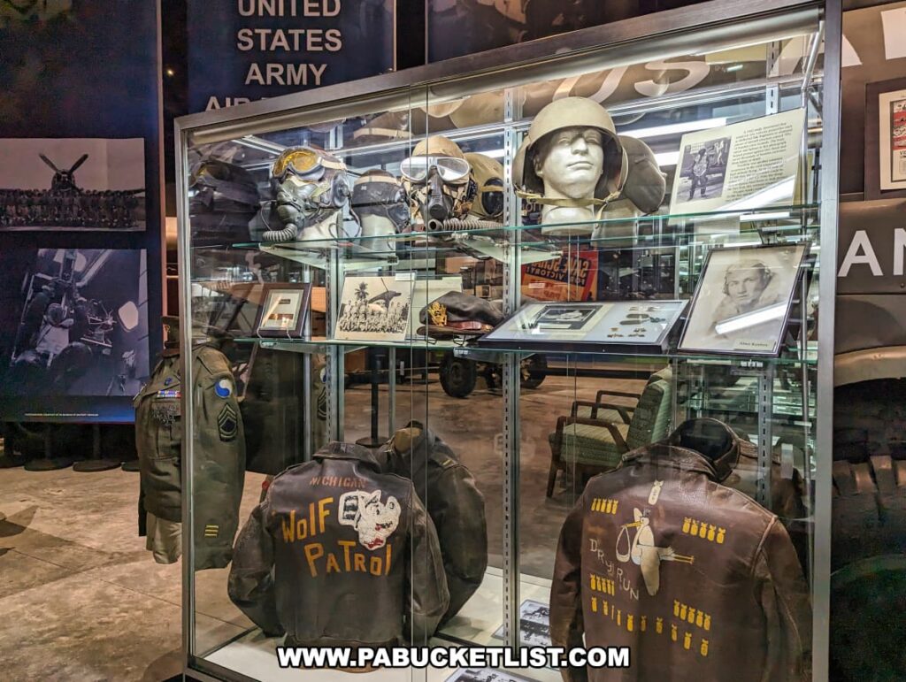 An exhibit at the WWII American Experience Museum in Gettysburg, PA, displays a collection of aviator helmets, flight jackets, and related memorabilia from the United States Army Air Forces. The display case contains helmets with oxygen masks, goggles, and communication gear, as well as photographs and personal stories of the aviators who wore them. Two prominently featured flight jackets showcase custom artwork, one labeled "Wolf Patrol" and the other "Dry Run," symbolizing the individual crews and missions. The exhibit emphasizes the bravery and contributions of the airmen during WWII, providing insight into their equipment and experiences.