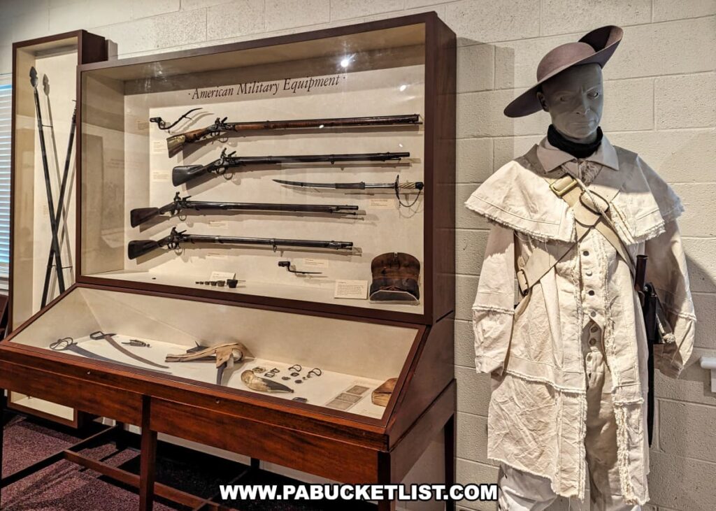 A display at Brandywine Battlefield Park in Chester County, Pennsylvania, featuring American military equipment from the Revolutionary War. The exhibit includes rifles, swords, and other artifacts used by American soldiers. To the right of the display case, a mannequin dressed in period military attire, complete with a wide-brimmed hat and a long coat, stands to illustrate the uniform worn during the battle. The scene provides a glimpse into the military history and equipment used during the Battle of the Brandywine, the largest and longest single-day land battle of the American Revolution.
