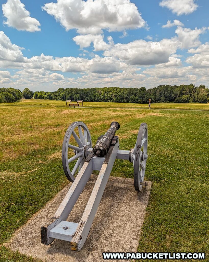 Field cannon on display at Sandy Hollow Heritage Park, situated on a grassy field under a partly cloudy sky. This historic artillery piece represents the weaponry used during the Battle of Brandywine, the largest single-day land battle of the American Revolution.