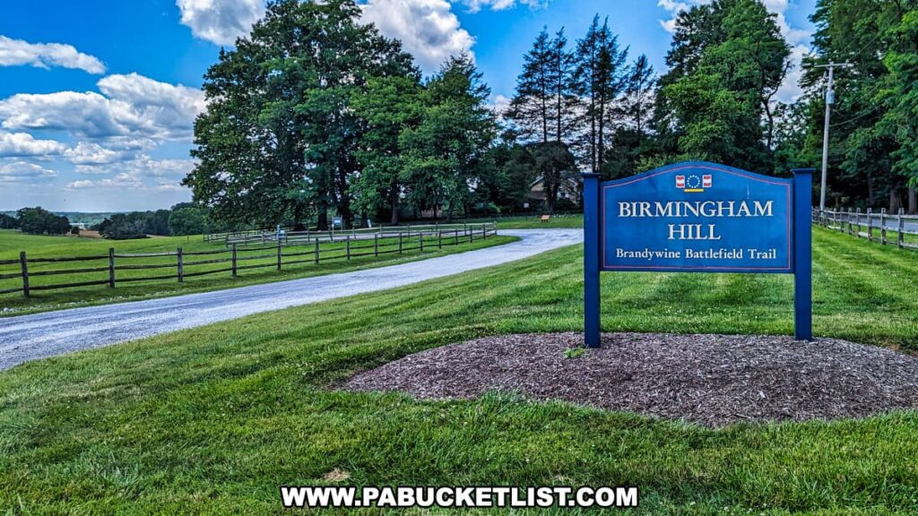 Entrance sign for Birmingham Hill at Brandywine Battlefield Park in Chester County, Pennsylvania, marking the start of the Brandywine Battlefield Trail. The sign stands beside a gravel path, with a wooden split-rail fence running alongside it. The lush green grass and trees frame the pathway under a bright blue sky with scattered clouds.