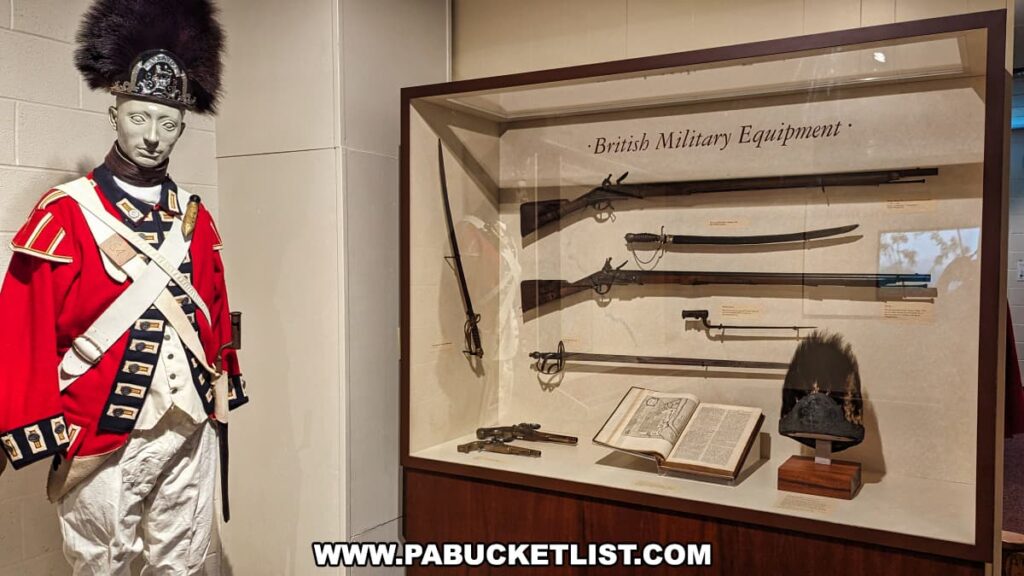 An exhibit at Brandywine Battlefield Park in Chester County, Pennsylvania, showcases British military equipment from the American Revolution. The display includes a life-sized mannequin dressed in a red British soldier's uniform, complete with a tall bearskin hat. Adjacent to the mannequin is a glass case containing various weapons, such as muskets, rifles, a sword, and a hatchet. The case also includes an open book and a military helmet. The exhibit is well-lit and designed to provide visitors with an immersive look into the equipment used by British forces during the Battle of the Brandywine, the largest and longest single-day land battle of the American Revolution.