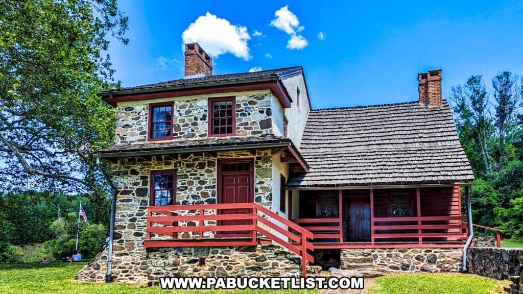 A historic stone house at Brandywine Battlefield Park in Chester County, Pennsylvania, known as the Gilpin House, stands prominently under a bright blue sky. The two-story structure features a mix of stone and wood construction, with red trim around the windows and doors. The house has a distinctive wooden shingle roof and two chimneys. A wooden railing painted red accents the front porch area. The surrounding landscape includes lush greenery and trees, emphasizing the historical and serene setting of the site where the Battle of the Brandywine, the largest and longest single-day land battle of the American Revolution, took place.