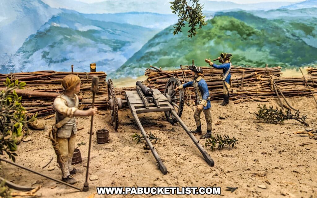 Diorama at Brandywine Battlefield Park in Chester County, Pennsylvania, depicting soldiers manning a cannon behind makeshift fortifications made of logs and branches. The scene portrays a moment from the Battle of the Brandywine, with three figures dressed in period military attire, operating the artillery piece. The background features a painted landscape of rolling hills and cloudy skies, adding depth to the historical display.