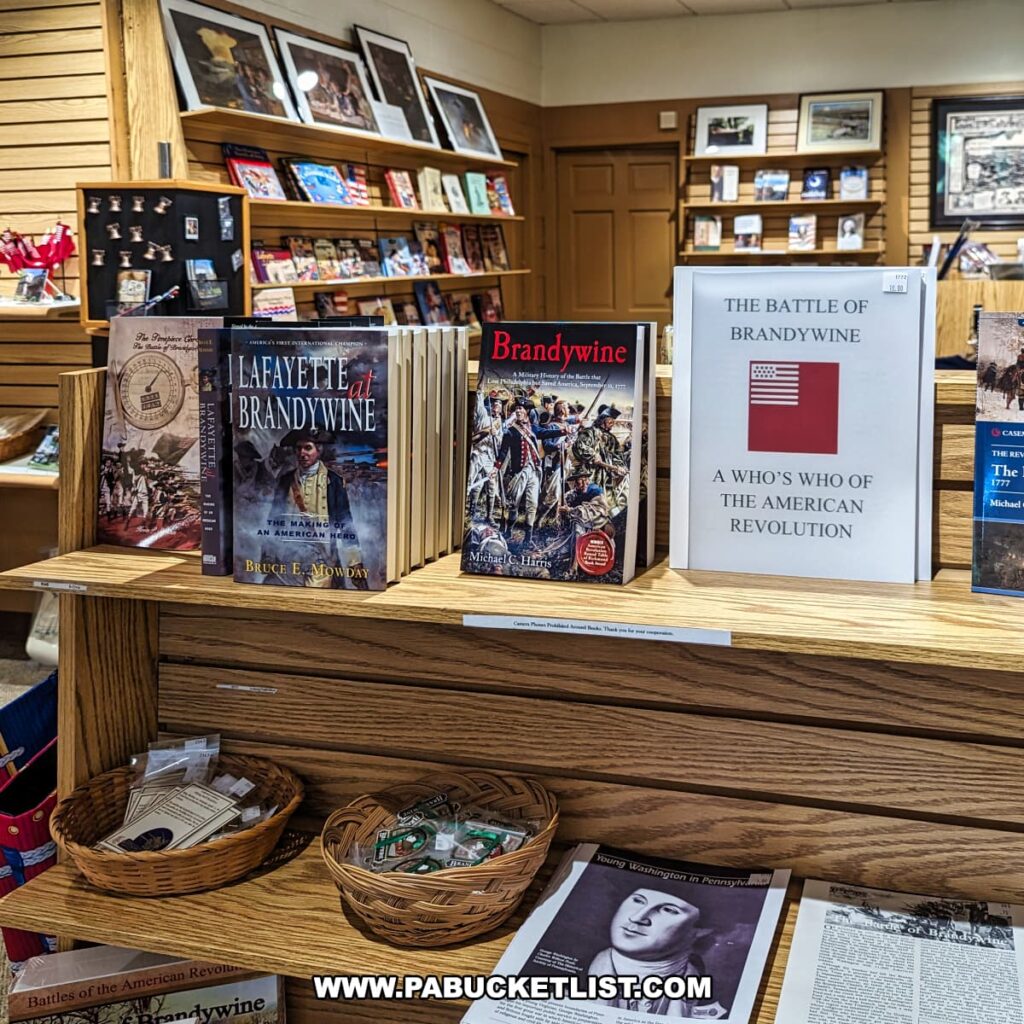 A display in the bookstore at Brandywine Battlefield Park in Chester County, Pennsylvania, features a selection of books about the Battle of the Brandywine and the American Revolution. Prominent titles include "Lafayette at Brandywine," "Brandywine," and "The Battle of Brandywine: A Who's Who of the American Revolution." The wooden shelves are neatly arranged with various books, pamphlets, and small baskets containing souvenirs. The background shows additional shelves filled with historical books and memorabilia. This setting highlights the educational resources available to visitors interested in learning more about the largest and longest single-day land battle of the American Revolution.