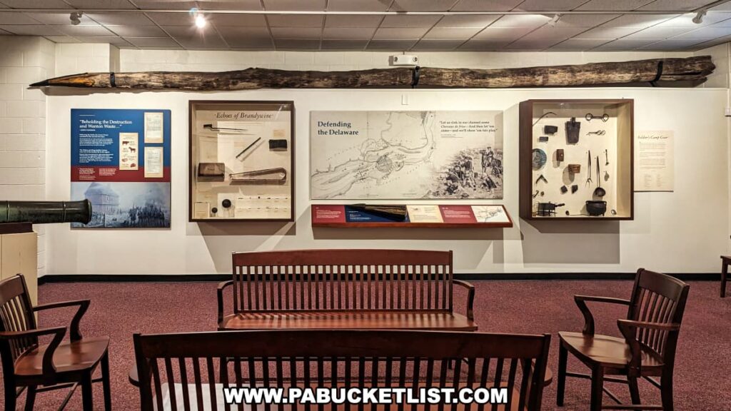 An exhibit at Brandywine Battlefield Park in Chester County, Pennsylvania, features historical artifacts and displays. A long wooden beam, identified as a cheval de frise, is mounted on the wall above informational panels and cases. The panels provide context about the Battle of the Brandywine and the defenses of the Delaware River. The exhibit includes maps, documents, and various military items used during the American Revolution. Benches are placed in front of the exhibit for visitors to sit and engage with the historical information. The display highlights the significance of the largest and longest single-day land battle of the American Revolution.