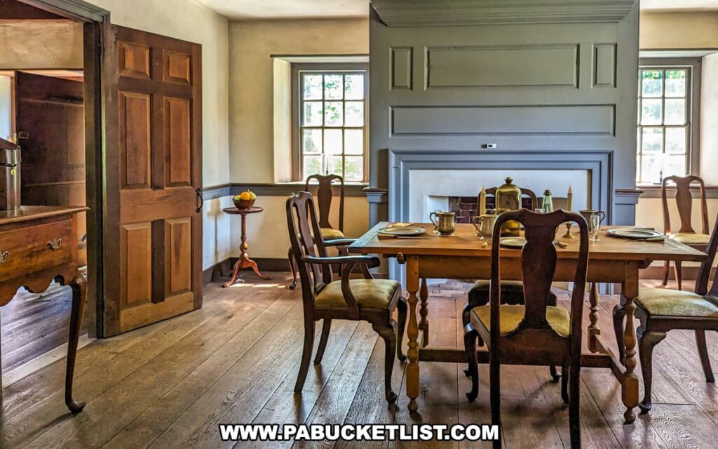An interior view of the dining room at Washington's Headquarters in Brandywine Battlefield Park, Chester County, Pennsylvania, features a wooden dining table set with plates, silverware, and a brass tea kettle. The room has wooden floors, paneled walls painted in a muted gray, and large windows allowing natural light to flood the space. A side table with a bowl of fruit is positioned near the door, and a small fireplace is set into the wall. The room is furnished with period-appropriate chairs, emphasizing the colonial-era ambiance. This setting reflects the historical context of the Battle of the Brandywine, the largest and longest single-day land battle of the American Revolution.