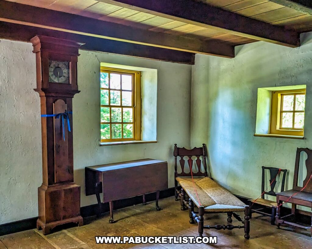 An interior view of the historic Gilpin House at Brandywine Battlefield Park in Chester County, Pennsylvania, showcases period furnishings. The room features whitewashed walls and wooden beams on the ceiling. A tall grandfather clock stands next to a window with yellow trim, allowing natural light to brighten the space. Below the window is a wooden table with a drop-leaf design. Against the adjacent wall, there is a wooden bench and several chairs with woven seats, arranged neatly. The simplicity and authenticity of the furnishings evoke the colonial era, reflecting the historical context of the Battle of the Brandywine, the largest and longest single-day land battle of the American Revolution.