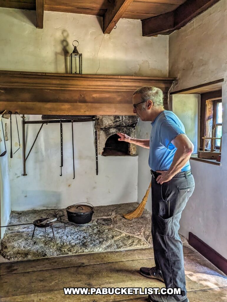 A visitor at Brandywine Battlefield Park in Chester County, Pennsylvania, examines the historical kitchen inside Washington's Headquarters. The room features a large fireplace with an iron rack for cooking utensils, a cast iron pot, and a broom on the stone hearth. The kitchen has whitewashed walls and exposed wooden beams, with a small window allowing natural light to illuminate the space. The visitor, dressed in a light blue shirt and dark pants, interacts with the setting, providing a sense of scale and engagement with the historical environment. This room evokes the colonial era during the Battle of the Brandywine, the largest and longest single-day land battle of the American Revolution.