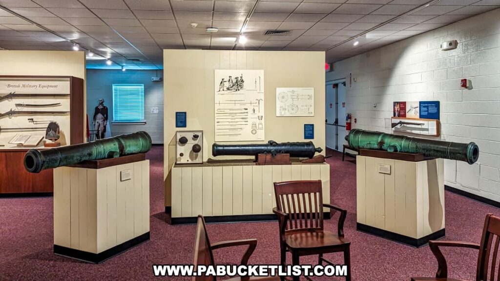 An interior view of the museum at the Brandywine Battlefield Park Visitor Center in Chester County, Pennsylvania, showcases historical artifacts from the American Revolution. The display features several bronze cannons mounted on wooden stands, accompanied by informational panels and diagrams detailing their use. In the background, a display case labeled "British Military Equipment" exhibits various weapons and tools. The room is well-lit with track lighting, and the walls and displays are painted in neutral tones, creating an educational and immersive experience for visitors. Chairs are positioned nearby for seating.