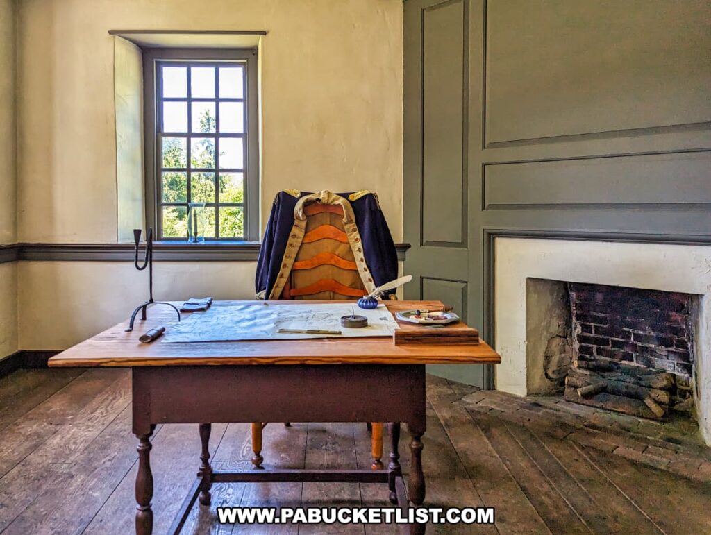 An interior view of a room at Brandywine Battlefield Park in Chester County, Pennsylvania, represents Washington's Headquarters. The room features a wooden desk with historical documents and writing tools, set in front of a window that lets in natural light. Draped over the chair is a period military coat, adding to the historical ambiance. The room has wooden floors, a simple fireplace, and paneled walls painted in muted tones, evoking the colonial era during the time of the Battle of the Brandywine, the largest and longest single-day land battle of the American Revolution.