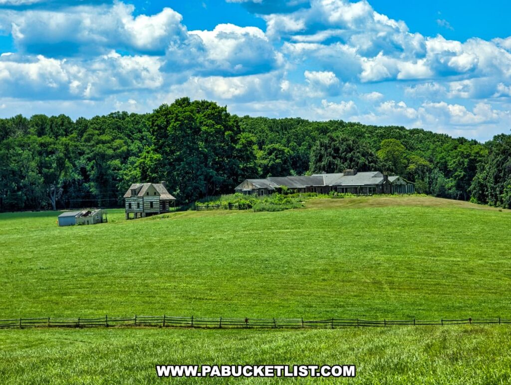 A panoramic view at Birmingham Hill in Chester County, Pennsylvania, captures a verdant field with a historic building complex in the distance, surrounded by lush greenery and trees. The scene includes a rustic log house and other structures, set against a backdrop of dense forest under a partly cloudy blue sky. The foreground features a well-maintained grassy field, divided by a wooden fence, evoking the area's historical context of the Battle of the Brandywine, the largest and longest single-day land battle of the American Revolution.