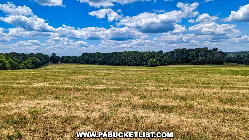 A wide, open field at Sandy Hollow in Chester County, Pennsylvania, represents the historic landscape of the Battle of the Brandywine, the largest and longest single-day land battle of the American Revolution. The field is surrounded by dense, green trees under a partly cloudy blue sky, evoking a sense of the area's natural beauty and historical significance. The grass in the field appears dry and slightly yellowed, contrasting with the vibrant green of the surrounding foliage.