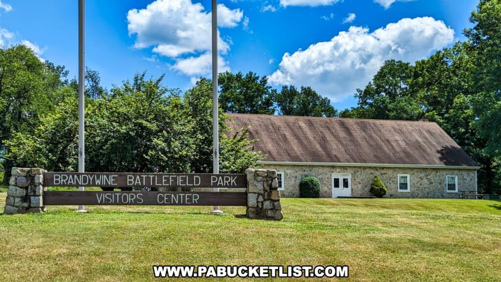 The Brandywine Battlefield Park Visitors Center in Chester County, Pennsylvania, is depicted on a sunny day with a bright blue sky and scattered white clouds. The center is a stone building with a sloped roof, surrounded by lush greenery and trees. In the foreground, a wooden sign supported by stone pillars reads "Brandywine Battlefield Park Visitors Center," marking the entrance to the historic site where the largest and longest single-day land battle of the American Revolution took place.